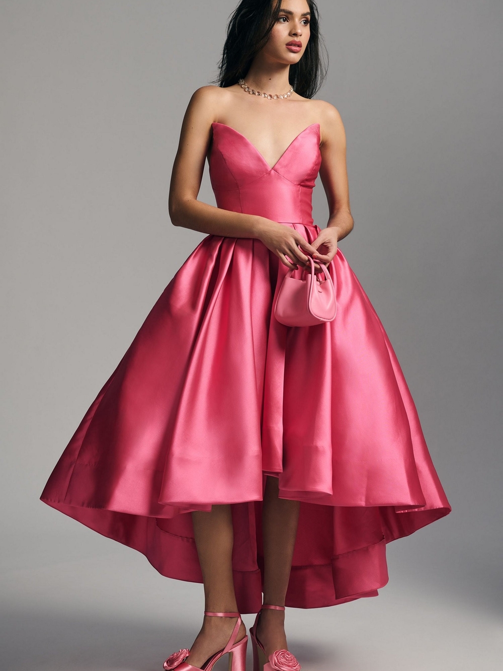 Hutch Strapless High-Low Satin Dress in Hot Pink